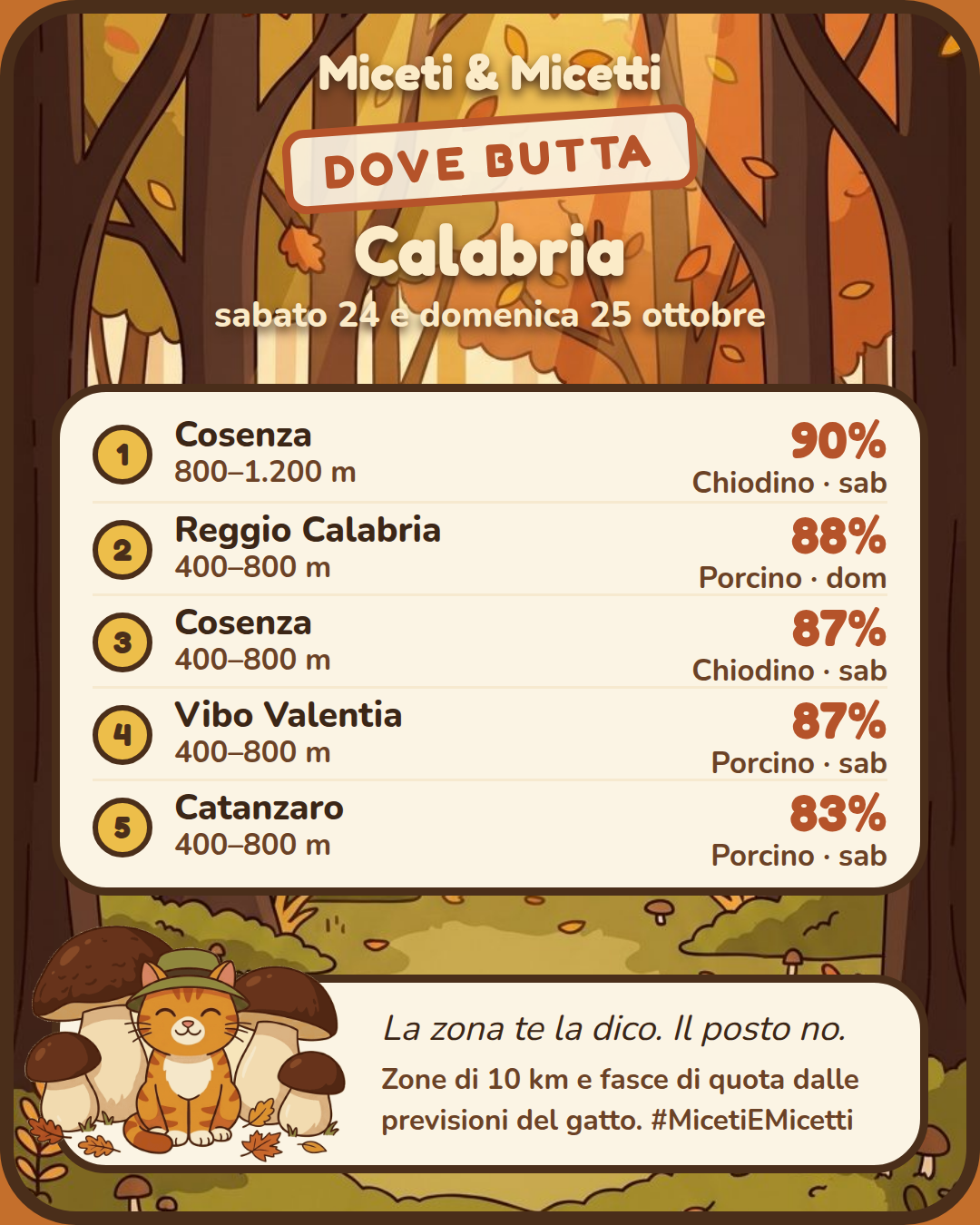 Dove butta sabato 24 e domenica 25 ottobre in Calabria: in testa Cosenza, 800–1.200 m, Chiodino 90% sabato. Il posto preciso? Sotto la zampa. 🐾 #MicetiEMicetti