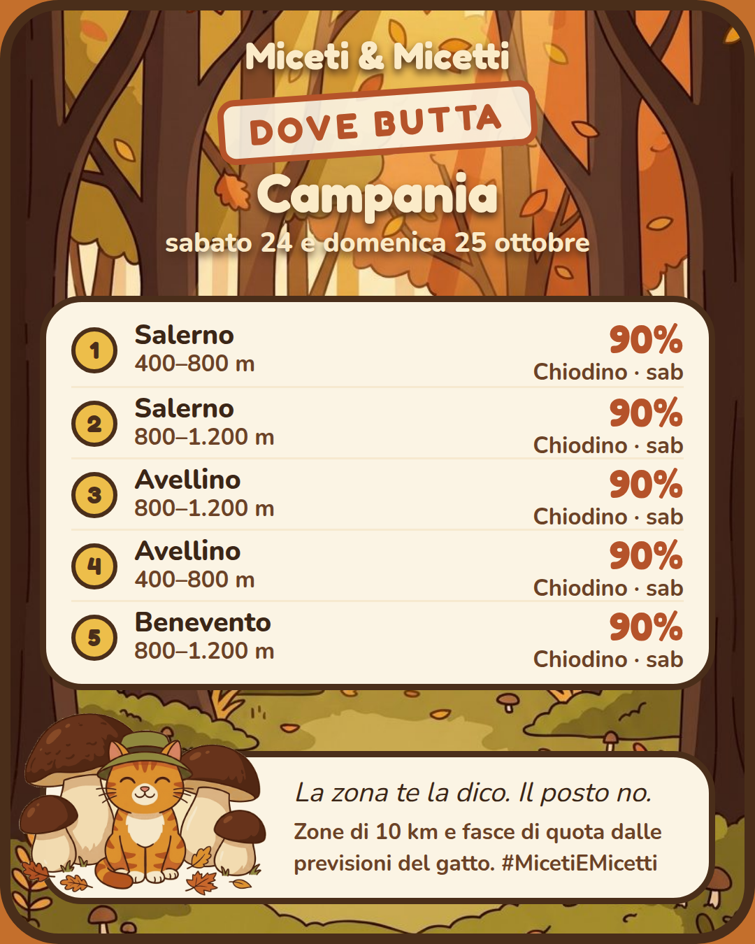 Dove butta sabato 24 e domenica 25 ottobre in Campania: in testa Salerno, 400–800 m, Chiodino 90% sabato. Il posto preciso? Sotto la zampa. 🐾 #MicetiEMicetti