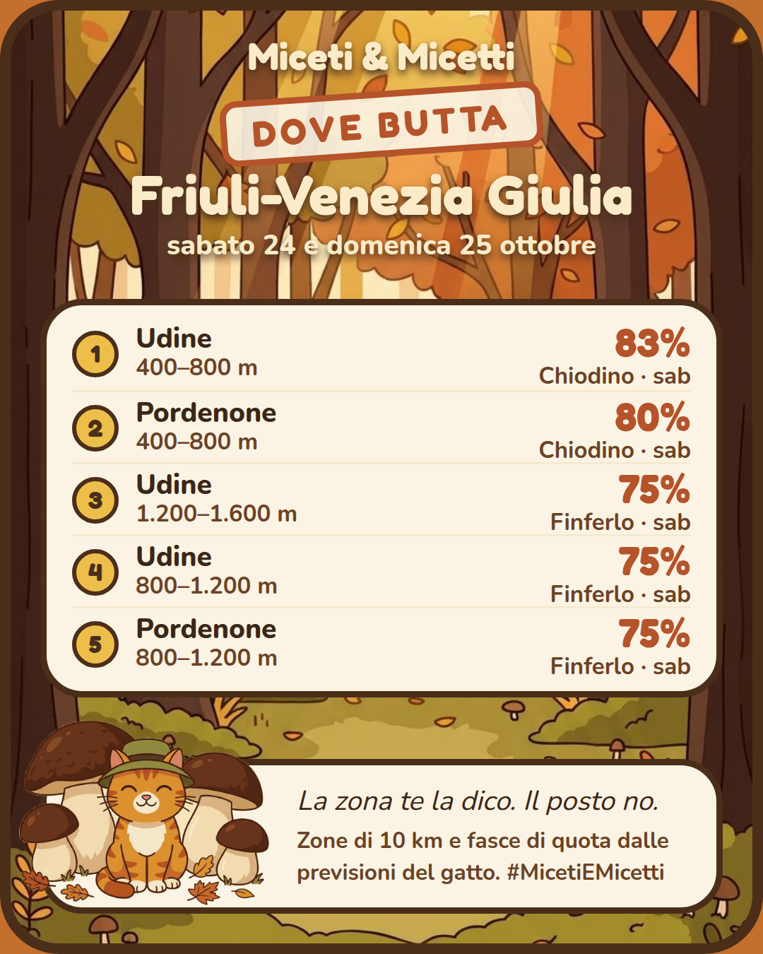 Dove butta sabato 24 e domenica 25 ottobre in Friuli-Venezia Giulia: in testa Udine, 400–800 m, Chiodino 83% sabato. Il posto preciso? Sotto la zampa. 🐾 #MicetiEMicetti