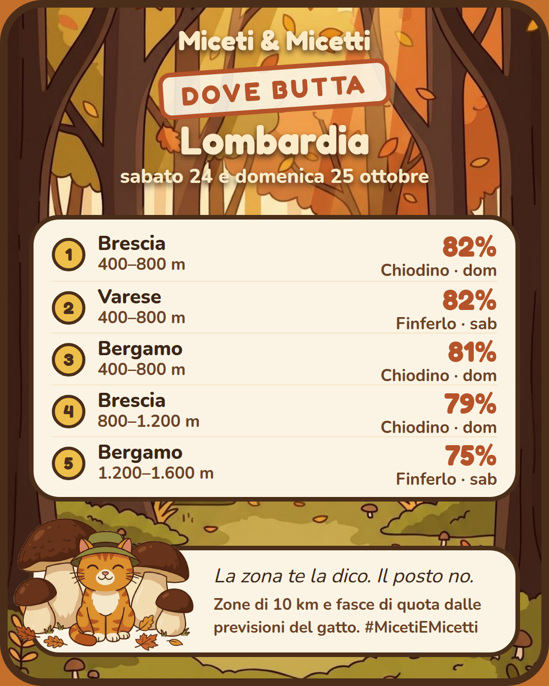 Dove butta sabato 24 e domenica 25 ottobre in Lombardia: in testa Brescia, 400–800 m, Chiodino 82% domenica. Il posto preciso? Sotto la zampa. 🐾 #MicetiEMicetti