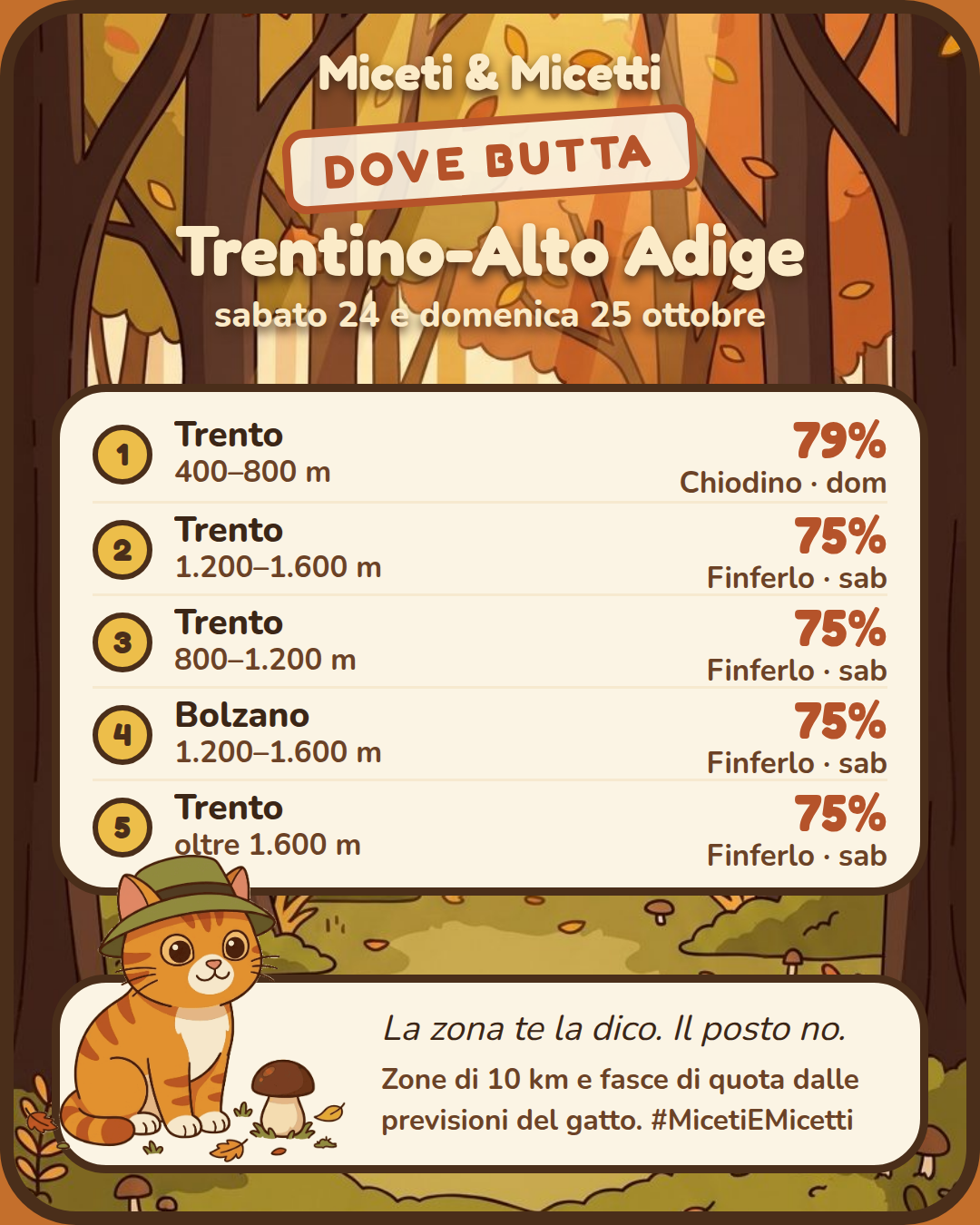Dove butta sabato 24 e domenica 25 ottobre in Trentino-Alto Adige: in testa Trento, 400–800 m, Chiodino 79% domenica. Il posto preciso? Sotto la zampa. 🐾 #MicetiEMicetti