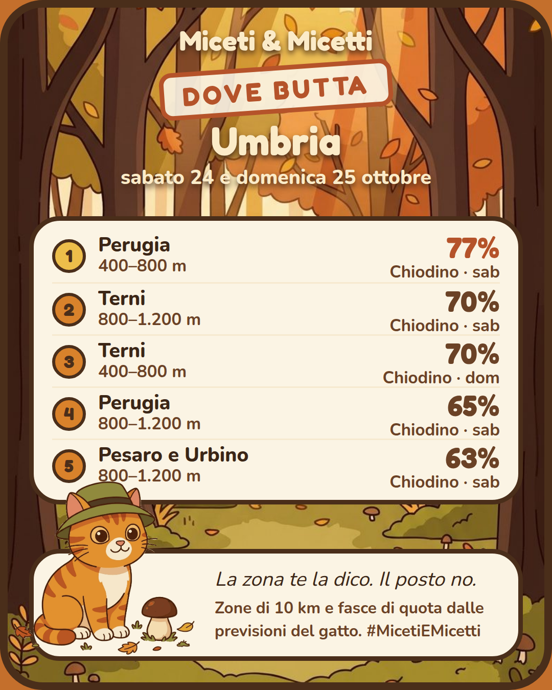 Dove butta sabato 24 e domenica 25 ottobre in Umbria: in testa Perugia, 400–800 m, Chiodino 77% sabato. Il posto preciso? Sotto la zampa. 🐾 #MicetiEMicetti